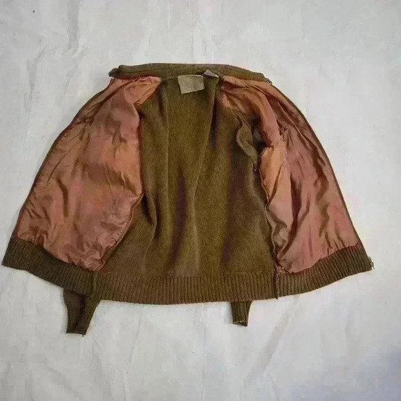 Vintage Leather & Knit Bomber Jacket 80s/90s Mixed Media Zip-Up Brown Retro M - Picture 12 of 13